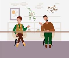 man and a woman in a cafe are talking over a cup of coffee. A date, a flirt, a conversation of a young couple. vector