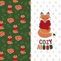 forest background with a cute fox and pine branches. vector
