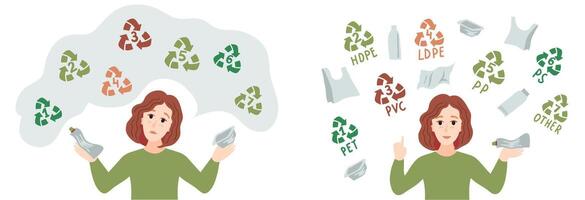 Sorting plastic waste for recycling. A girl sorts plastic garbage. Categories of plastic types. Types of plastic marking. Codes for recycling. Categories of plastic types. vector