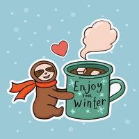 Sloth with big mug of cocoa drink and marshmallow. vector