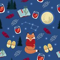 Cozy night forest pattern with sleeping fox and full moon, stars and other cute elements on dark background. vector