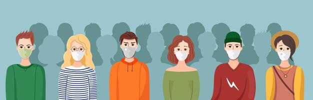 Group of young people wearing medical masks to prevent disease. Illustration in a flat style on background. vector
