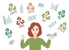 Categories of plastic types. Types of plastic marking. A girl sorts plastic garbage. Sorting plastic waste for recycling. vector
