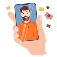 Call concept. Man on screen of smartphone. Female hand is holding smartphone. Talk to a a handsome man through the app. vector