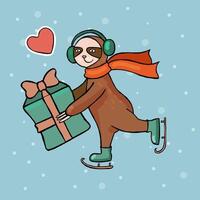 Sloth rides on skates, holding a gift. A lovesick sloth. Cute drawing for decoration of cards, banners for Valentine's day. vector