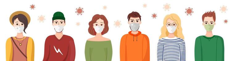 Group of young people wearing medical masks to prevent disease. Illustration flat style. vector