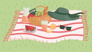 background with picnic, basket with flowers and notepad, blanket, food and juice. vector