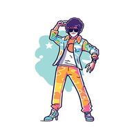 Fun and vibrant illustration of a retro disco dancer with an afro and colorful clothing, striking a dance pose. vector