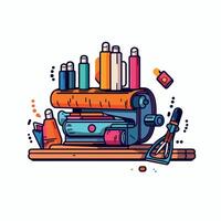 Vibrant illustration of various lipsticks and a makeup brush in an organized holder on a white background vector