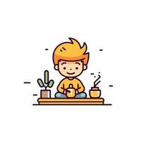Cute Boy Sitting with Tea and Plants on White Background vector
