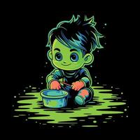 Neon Style Cartoon Illustration of a Child with a Paint Bucket vector