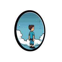 Boy Gazing into Fantasy World Through Magical Mirror Illustration vector