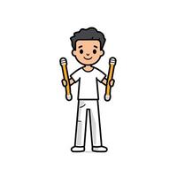 Happy Boy Holding Twin Sticks in Martial Arts Uniform on White Background vector