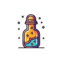 Colorful Magic Elixir Bottle with Floating Objects and Stars Cartoon vector