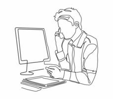 Continuous one line drawing of business man sits in the office and thinks while working with his laptop on a white background, vector