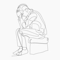 Continuous line drawing sitting man with depression, Fail. Minimalist black linear sketch isolated on white background. vector