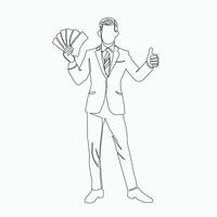 Continuous line drawing of businessman showing money. vector