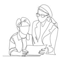 Continuous one-line drawing a student reading a book with teacher. vector