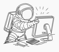 Continuous one line drawing astronaut has broken a laptop computer. Line draw design vector