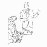 Continuous line drawing of group of business people having discussion, Minimalistic contour illustration. vector