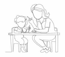 Continuous one line drawing of mother help her daughter to learn. vector