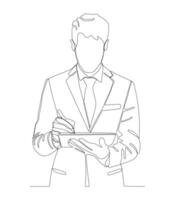 Continuous line drawing of professional young business man, writing work plan in personal notebook isolated on white background. vector