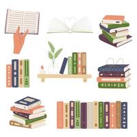 Set with books. A hand holds a book, stack of books, books on a shelf, open book. Symbol of education, study, science, reading, learning. Simple flat cartoon illustration isolated on white background vector