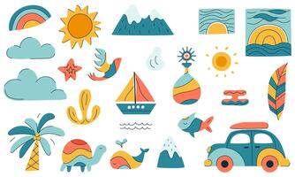 A collection of colorful images and symbols, including a car, a boat, a turtle vector