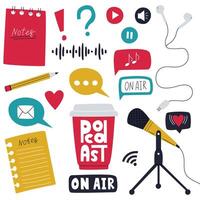 A set of elements symbolizing listening to a podcast, radio show, online show. Microphone, coffee cup, earphones, pencil, note paper. Color flat illustrations isolated on a white background vector