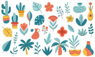 A collection of colorful plants and flowers, including a vase and a potted plant vector