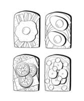 Set of sandwiches with different fillings. Toasted bread with breakfast filling. illustration of snack sketch doodle. vector