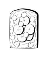 Sandwich with banana and blueberry chocolate paste. Toasted bread with breakfast filling. illustration of snack sketch doodle. vector