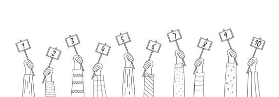 Cartoon hands with evaluation cards with numbers. illustration of the raised hands of the jury members with scores. Rate it on a 10-point scale. vector