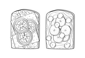 Set of sandwiches with different fillings. Toasted bread with breakfast filling. illustration of snack sketch doodle. vector