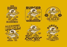 Burger, pile of deliciousness. Retro mascot character illustration of burger in running pose vector