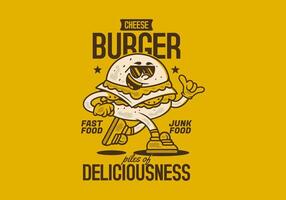 Burger, pile of deliciousness. Retro mascot character illustration of burger in running pose vector
