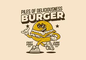 Burger, pile of deliciousness. Retro mascot character illustration of burger in running pose vector