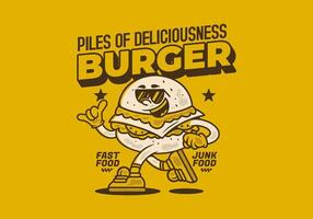 Burger, pile of deliciousness. Retro mascot character illustration of burger in running pose vector