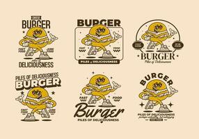 Burger, pile of deliciousness. Retro mascot character illustration of burger in running pose vector
