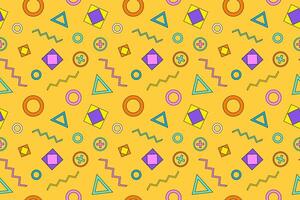 A vibrant Memphis style cartoon pattern featuring colorful geometric shapes. Perfect for retro, trendy, and playful design projects. vector