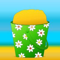 Bright illustration of a green sand bucket decorated with daisies and filled with sand. Perfect for summer and beach-themed designs and projects. vector