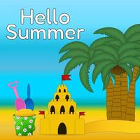 illustration of a beach scene with a sandcastle, palm trees, and childrens beach toys. Perfect for summer and outdoor activities. vector