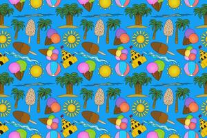 Bright and colorful seamless pattern featuring summer icons like ice cream, palm trees, beach balls, sandcastles, and the sun. Perfect for seasonal designs. vector