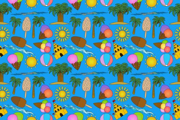 Bright and colorful seamless pattern featuring summer icons like ice cream, palm trees, beach balls, sandcastles, and the sun. Perfect for seasonal designs.