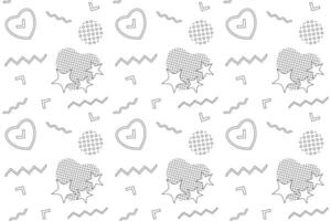 A Memphis style coloring page with retro hearts, stars, zigzags, and waves. Perfect for creative and relaxing activities. vector