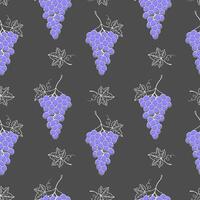 Grape seamless pattern on gray background, white contour doodle drawing of grape purple berries and leaves. vector