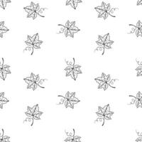 Grape leaves seamless pattern on white background, contour doodle drawing of grapevine. vector