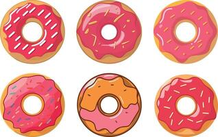 a collection of donuts with different colors and a few sprinkles vector