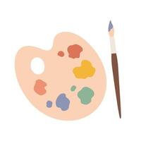 Simple palette with paints of different colors and brush, paintbrush. Top view of painter artist tools isolated on white vector