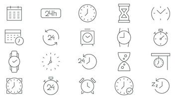 Time and clock line icon set. Clock, smart watch, fast shipping, wall clock, alarm, bell, person hour, timer, speed, restore, management, calendar and watch outline icon collection. vector